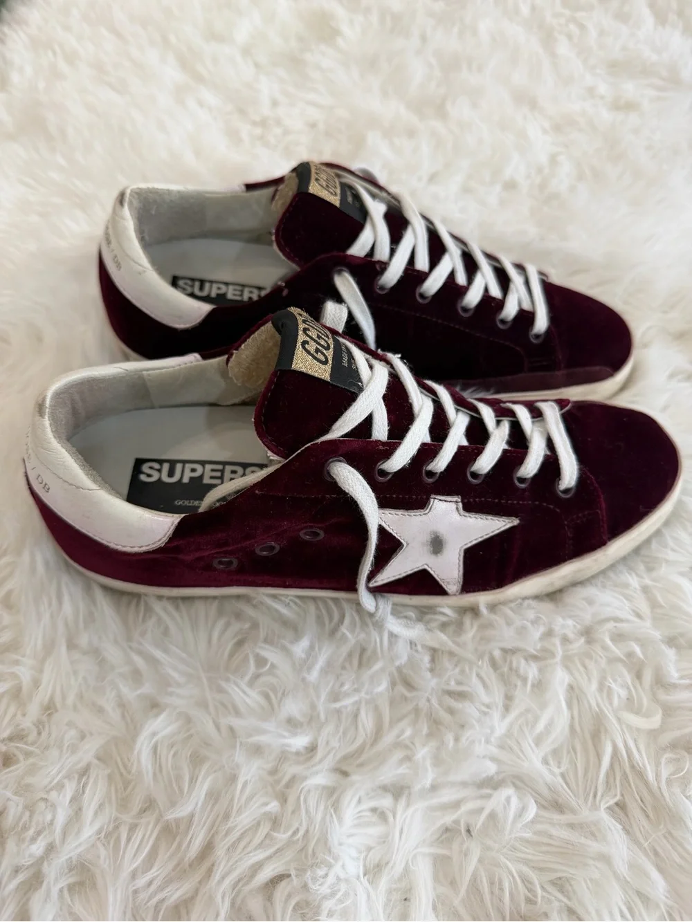 Golden Goose Super-Star Velvet Sneakers in Burgundy and White Size 39 US 9